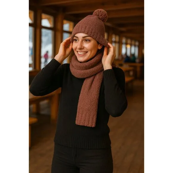 Barefoot Dreams CozyChic Pom Pom Beanie & Scarf Set Chestnut OS Warm Winter Wear
